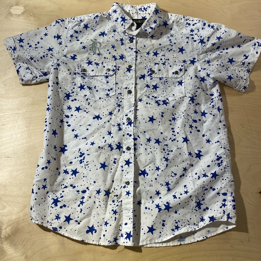 Red Ape Men's Star Print Short Sleeve Shirt - Blue & White Large (GB)
